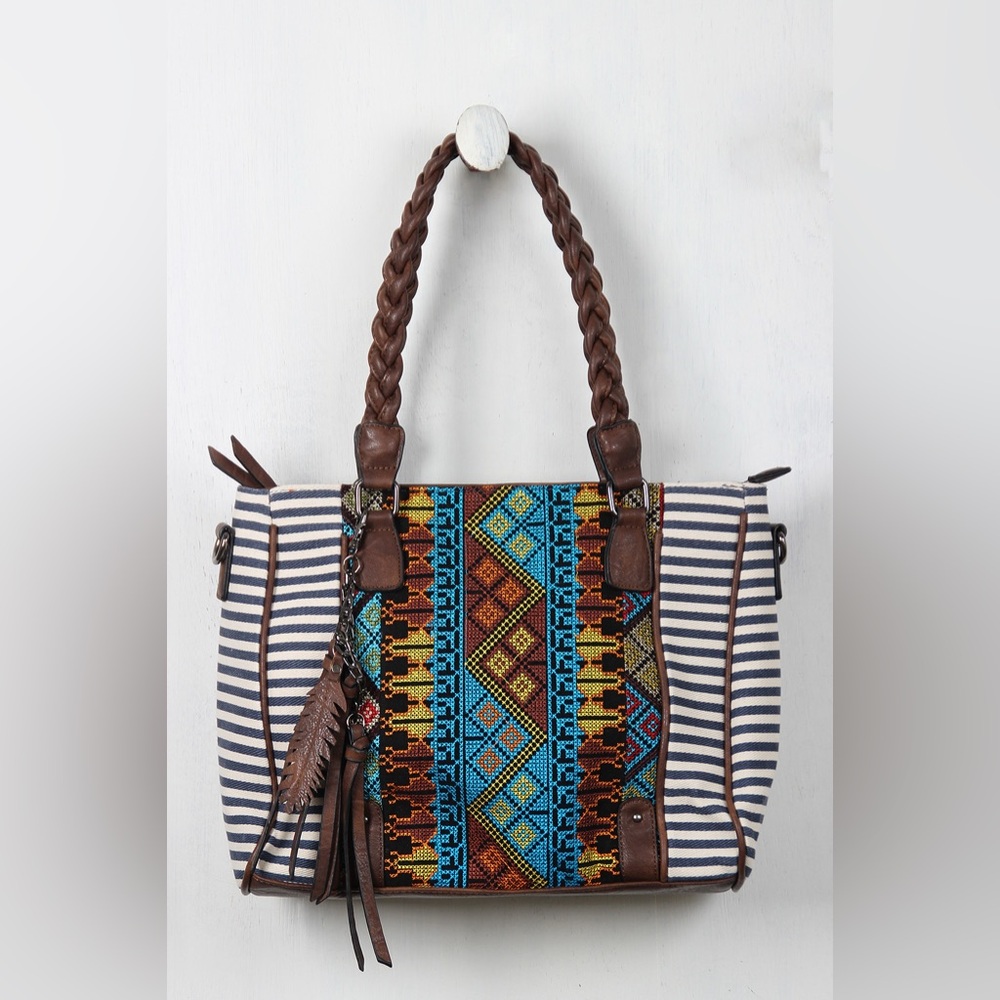 MMS Design Studio Festive Embroidered Panel Tote Shoulder Bag Striped Multicolor
